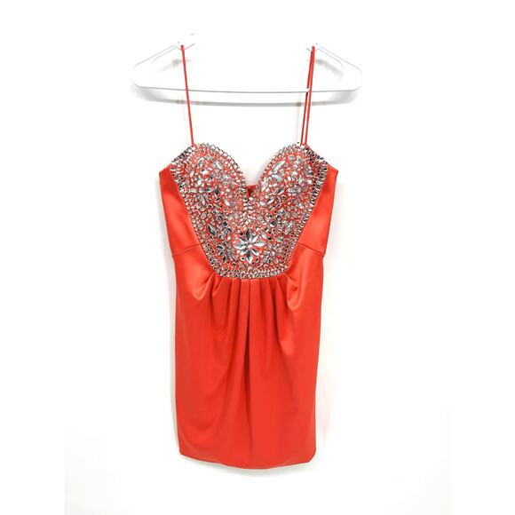 Mignon Orange Coral Bedazzled Cocktail Mini Dress Thin Strap Size 4 - Picture 1 of 11